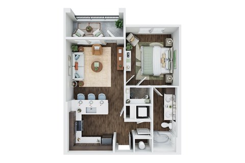 A top down view of a small apartment with a kitchen, living room, and bathroom.